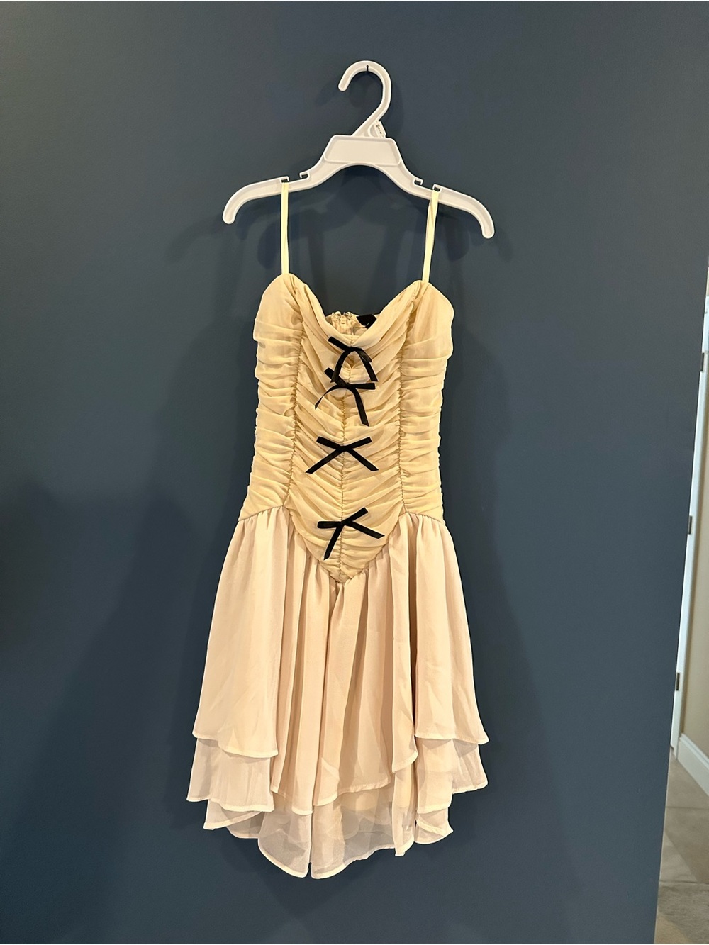 Windsor Cream Strapless Ruched Dress with Black Bow Details